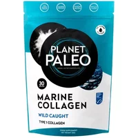 Blue and white Planet Paleo Marine Collagen pouch with black circular logo and wild caught label.