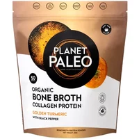 Planet Paleo Organic Bone Broth Collagen Protein, golden turmeric flavor, in a bronze pouch with black and white design.
