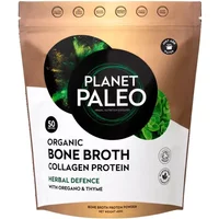 Planet Paleo bone broth collagen protein in bronze pouch with green herbal design and black circular logo.