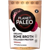 Brown and white Planet Paleo bone broth collagen protein pouch with black and red circular logo.