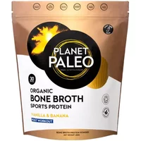 Planet Paleo Organic Bone Broth Sports Protein, vanilla banana flavor, in a brown and white 480g resealable pouch.
