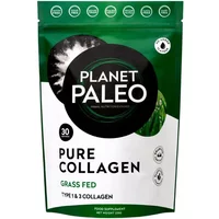 Green and white Planet Paleo Pure Collagen 225g pouch with black circular logo and grass-fed label.