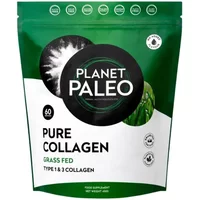 Green and white Planet Paleo Pure Collagen 450g pouch with circular logo and grass-fed label.