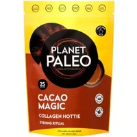 Planet Paleo Pure Collagen Cacao Magic 264g in a yellow and brown pouch with circular cacao design.