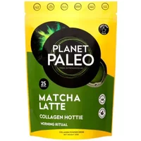 Yellow and green Planet Paleo Pure Collagen Matcha Latte pouch, 225g, with circular design and text details.