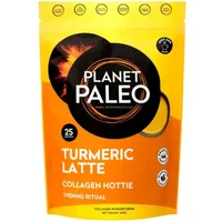 Planet Paleo Pure Collagen Turmeric Latte 260g in a vibrant yellow pouch with black and orange circular design.