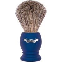 Plisson 1808 shaving brush with blue handle and dense grey bristles, featuring a "Plisson" logo on the handle.