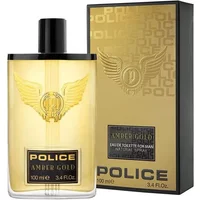 Police Amber Gold Eau De Toilette 100ml with gold winged logo, black cap, and matching gold and black box.