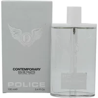 Clear rectangular bottle of Police Contemporary Eau De Toilette 100ml with white cap and gray box featuring winged logo.