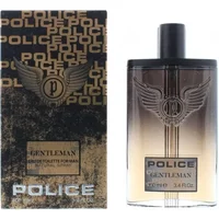 Police Gentleman Eau De Toilette 100ml, black and gold bottle with winged logo, matching box with brand name.