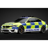 BMW police interceptor with blue and yellow checkered livery, emergency lights, and "POLICE" text on the side.