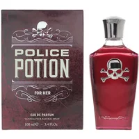 Police Potion For Her Eau De Parfum, red bottle with skull design, silver cap, next to matching box.