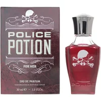 Red Police Potion For Her Eau De Parfum 30ml bottle with skull design, next to matching box with skull and ornate details.
