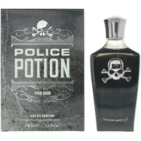 Police Potion For Him Eau De Parfum 100ml, black bottle with skull design, matching dark box with silver text.