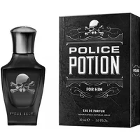 Black Police Potion For Him Eau De Parfum 30ml bottle with skull design, next to matching black box with white text.