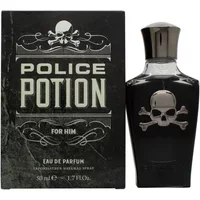 Police Potion For Him Eau De Parfum, black bottle with skull design, chrome cap, next to matching box.