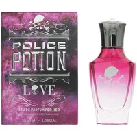 Police Potion Love Eau De Parfum 30ml, pink gradient bottle with silver cap, skull design, purple box with silver text.