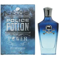 Blue gradient Police Potion Power Eau De Parfum bottle with skull design, next to matching blue box with silver text.
