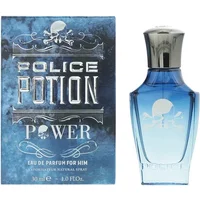 Blue Police Potion Power Eau De Parfum 30ml bottle with skull design, silver cap, next to matching blue box.