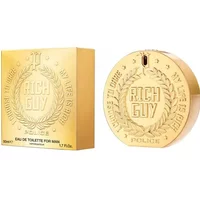 Gold circular Police Rich Guy Eau De Toilette 50ml with embossed laurel design and matching gold box.