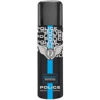 Black Police Sport Deodorant Spray 200ml with blue stripe, winged logo, and repeating brand name pattern.