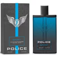 Police Sport Eau De Toilette 100ml, blue bottle with black cap, winged logo, gray box with blue stripe.