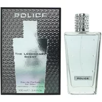 Police The Legendary Scent Eau De Parfum 100ml, clear rectangular bottle with textured silver cap and box.
