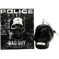 Black skull-shaped Police To Be Bad Guy Eau De Toilette bottle, 125ml, with silver accents and matching box.
