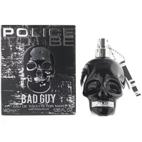 Black skull-shaped Police To Be Bad Guy Eau De Toilette 40ml with silver chain and whistle, box in background.