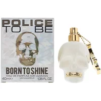Skull-shaped bottle of Police To Be Born To Shine Eau De Parfum 40ml with gold cap and matching packaging.
