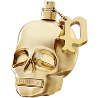 Gold skull-shaped Police To Be Born To Shine Eau De Toilette with a chain and "P" charm, 125ml bottle.
