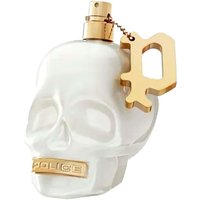White skull-shaped bottle of Police To Be Born To Shine perfume with gold cap and letter "P" charm.