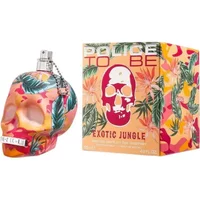 Skull-shaped perfume bottle with tropical leaf design, next to a matching colorful box, labeled "Police To Be Exotic Jungle."