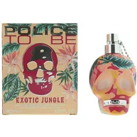 Skull-shaped bottle of Police To Be Exotic Jungle Eau De Parfum, 40ml, with tropical floral design and matching box.