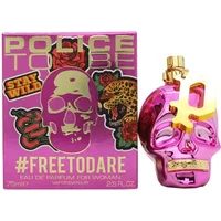 Pink skull-shaped Police To Be Freetodare perfume bottle with gold accents, next to a colorful box with bold graphics.