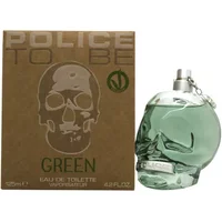 Green skull-shaped Police To Be Green Eau De Toilette bottle with silver cap, next to brown box.