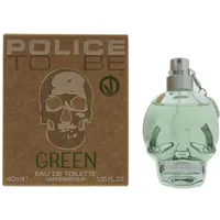 Green skull-shaped Police To Be Green Eau De Toilette bottle, 40ml, with brown box packaging.