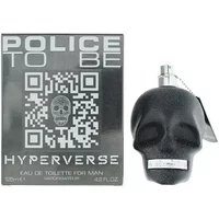 Black skull-shaped bottle of Police To Be Hyperverse Eau De Parfum 125ml with silver label and matching box.
