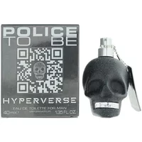 "Black skull-shaped bottle of Police To Be Hyperverse Eau De Parfum 40ml with metallic accents and branded box"