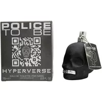 Black skull-shaped bottle of Police To Be Hyperverse Eau De Parfum 75ml with silver cap and tag, next to matching box.