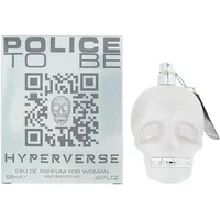 Skull-shaped frosted glass bottle of Police To Be Hyperverse Woman Eau De Parfum 125ml with metallic accents.