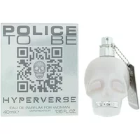 White skull-shaped perfume bottle with silver accents, next to a silver box with QR code and "Police To Be Hyperverse" text.