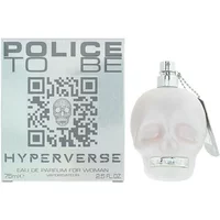 White skull-shaped bottle of Police To Be Hyperverse Woman Eau De Parfum 75ml with silver accents and box.