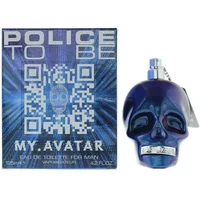 Blue skull-shaped Police To Be My Avatar Eau De Toilette bottle with metallic accents, next to branded box.