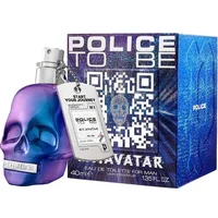 Blue and purple skull-shaped bottle of Police To Be My Avatar For Man Eau De Toilette, 40ml, with QR code box.