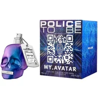 Purple skull-shaped bottle of Police To Be My Avatar Eau De Toilette, with a QR code box.