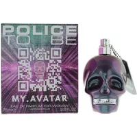Police To Be My Avatar perfume, 75ml skull-shaped bottle, iridescent purple, with matching box featuring QR code.