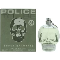 Police To Be Super Natural Eau De Toilette 125ml, skull-shaped clear bottle with silver cap, green box.