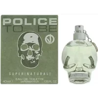 Police To Be Super Natural Eau De Toilette 40ml, skull-shaped clear bottle, greenish tint, silver cap.