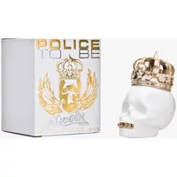 White skull-shaped perfume bottle with gold crown and box labeled "Police To Be The Queen Eau De Parfum 40ml"